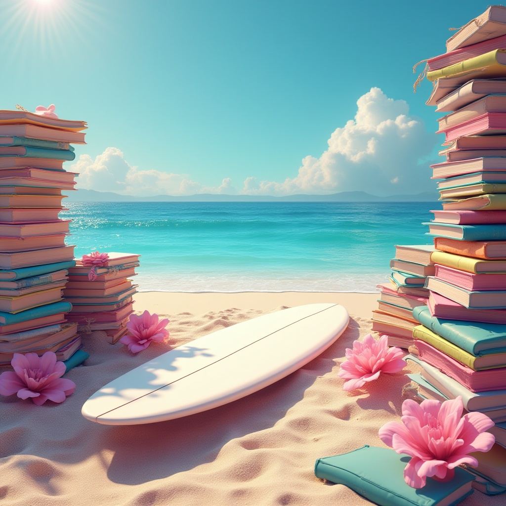 Ilustracja: stosy książek i deska surfingowa na plaży