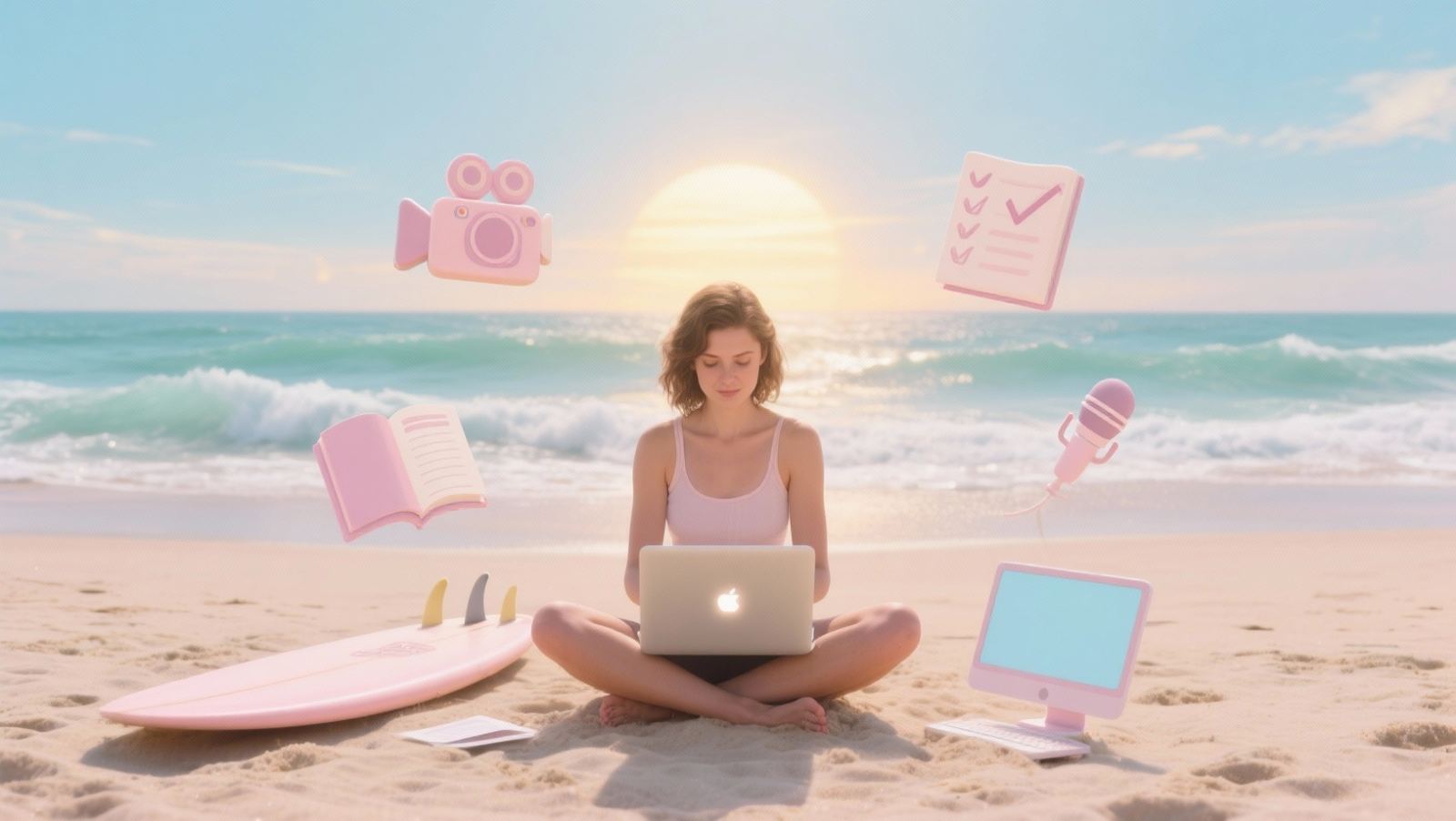 Ilustracja: osoba pracująca na laptopie na plaży, wokół ikony uczenia się