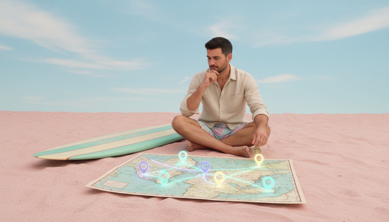 Ilustracja: surfer pochylony nad mapą na plaży